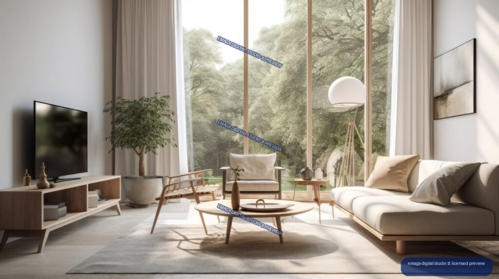 Minimalist Japandi living room with neutral furniture, indoor tree, large windows, and leafy garden views.