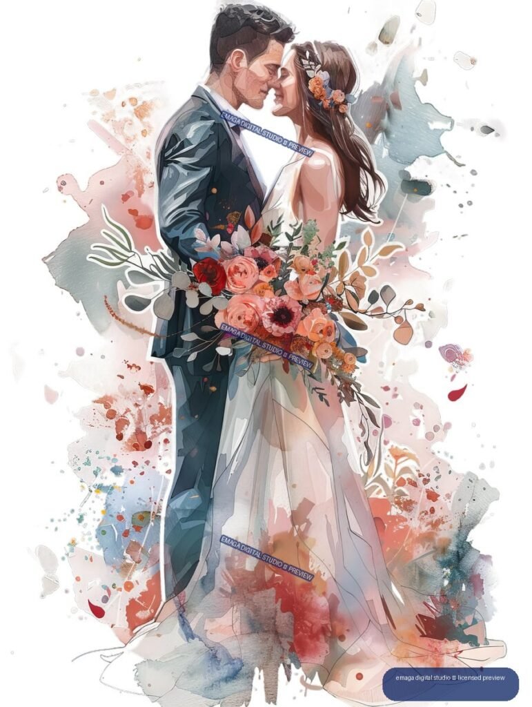 Watercolor illustration of a bride and groom touching foreheads while holding a large colorful floral bouquet, surrounded by pastel paint splashes.