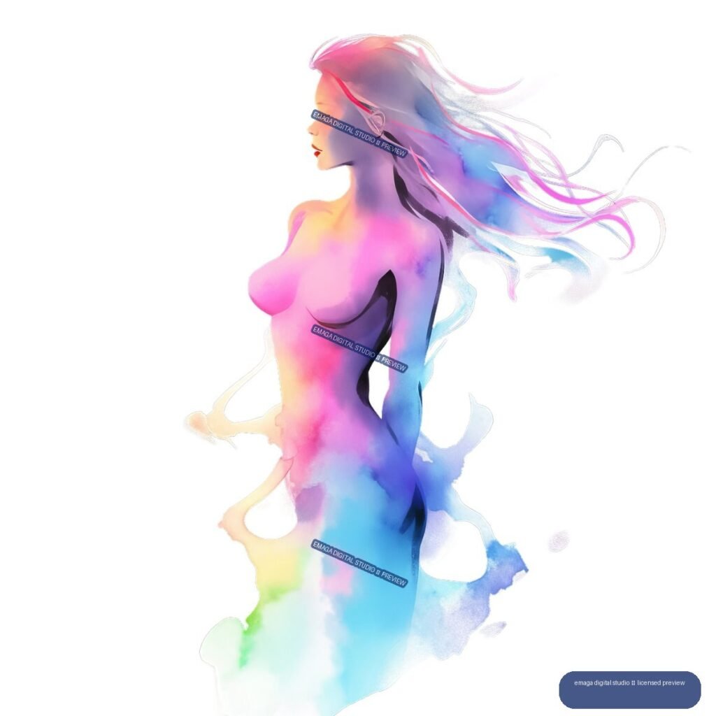 Colorful watercolor-style nude female figure in left-facing profile with flowing multicolored hair and translucent paint washes.
