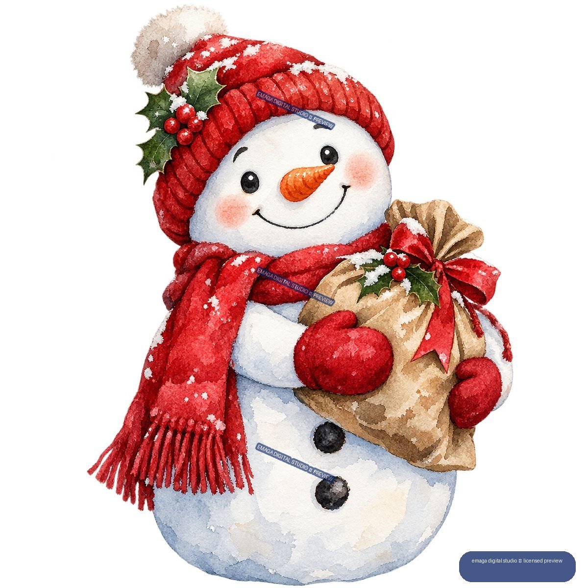 Watercolor snowman wearing a red hat and scarf, holding a decorated gift sack.