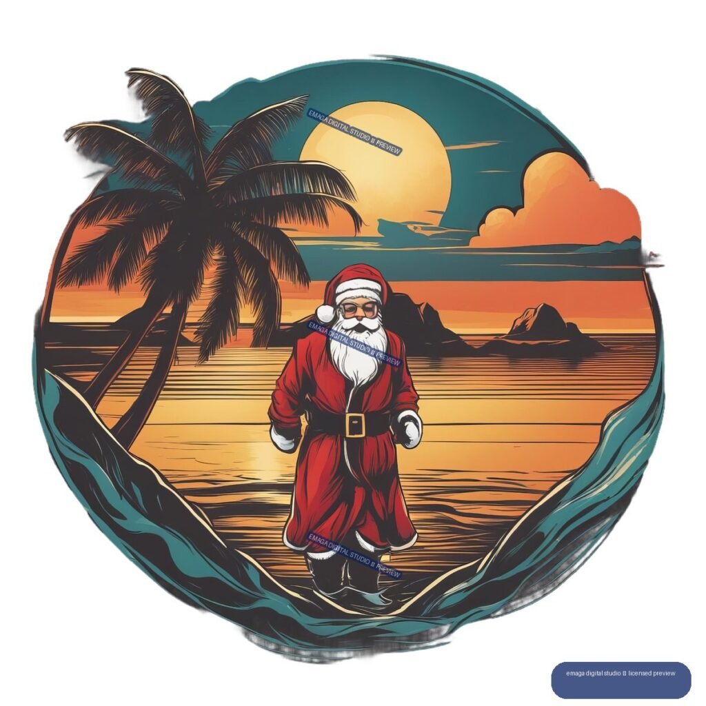 Illustration of Santa Claus standing in shallow water on a tropical beach at sunset, framed by palm trees and ocean waves.