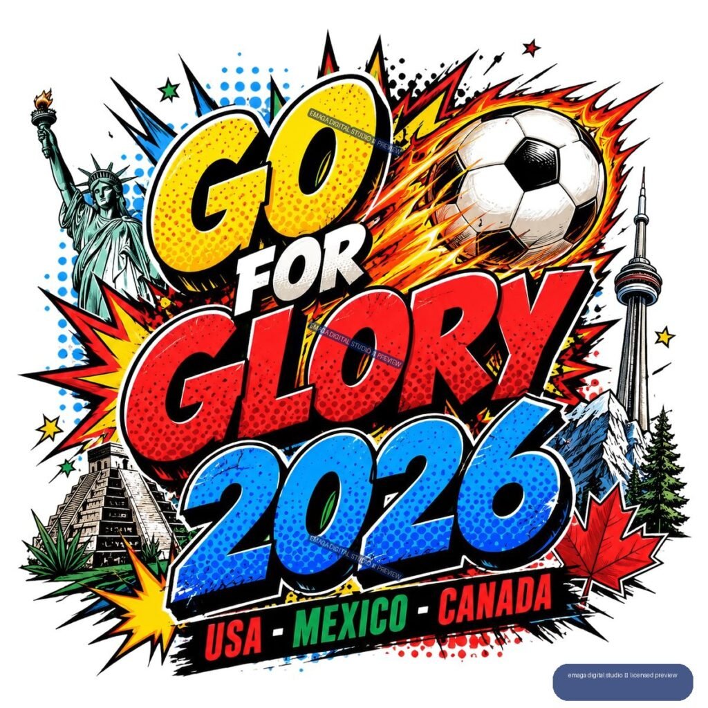 Pop-art soccer ball engulfed in flames beside bold text reading GO FOR GLORY 2026, with North American landmarks and a USA-Mexico-Canada banner.