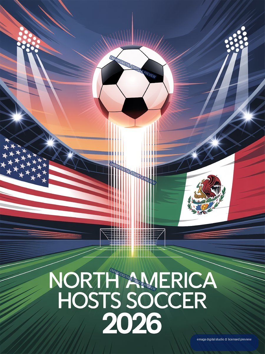 Graphic of a glowing soccer ball over a stadium field, with floodlights, North American flag-inspired colors, and text reading North America Hosts Soccer 2026.