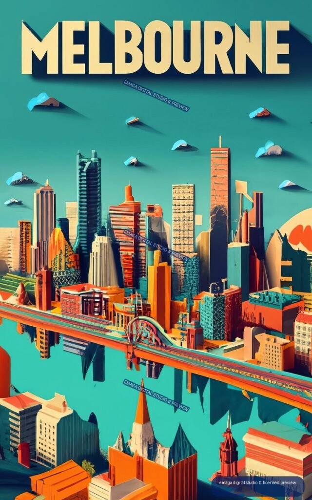 Stylized colorful Melbourne city skyline poster with large cream MELBOURNE lettering, skyscrapers, elevated rail, and a teal sky.
