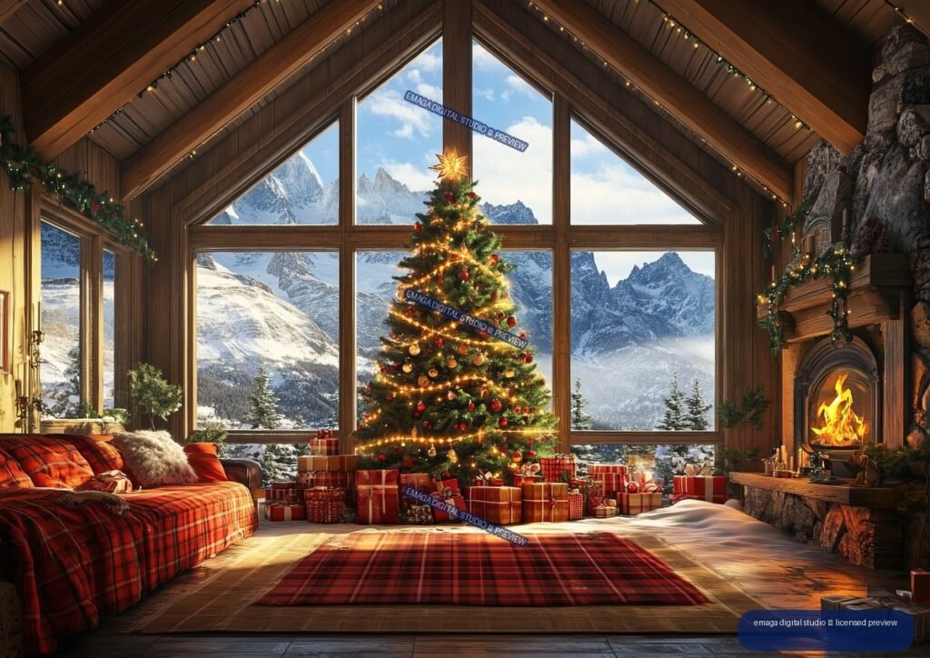 Christmas tree and wrapped gifts in a cozy wooden chalet overlooking snowy mountains, with a glowing fireplace