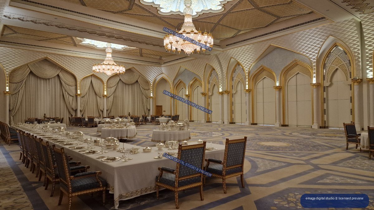 Ornate banquet hall interior with chandeliers and formal dining tables