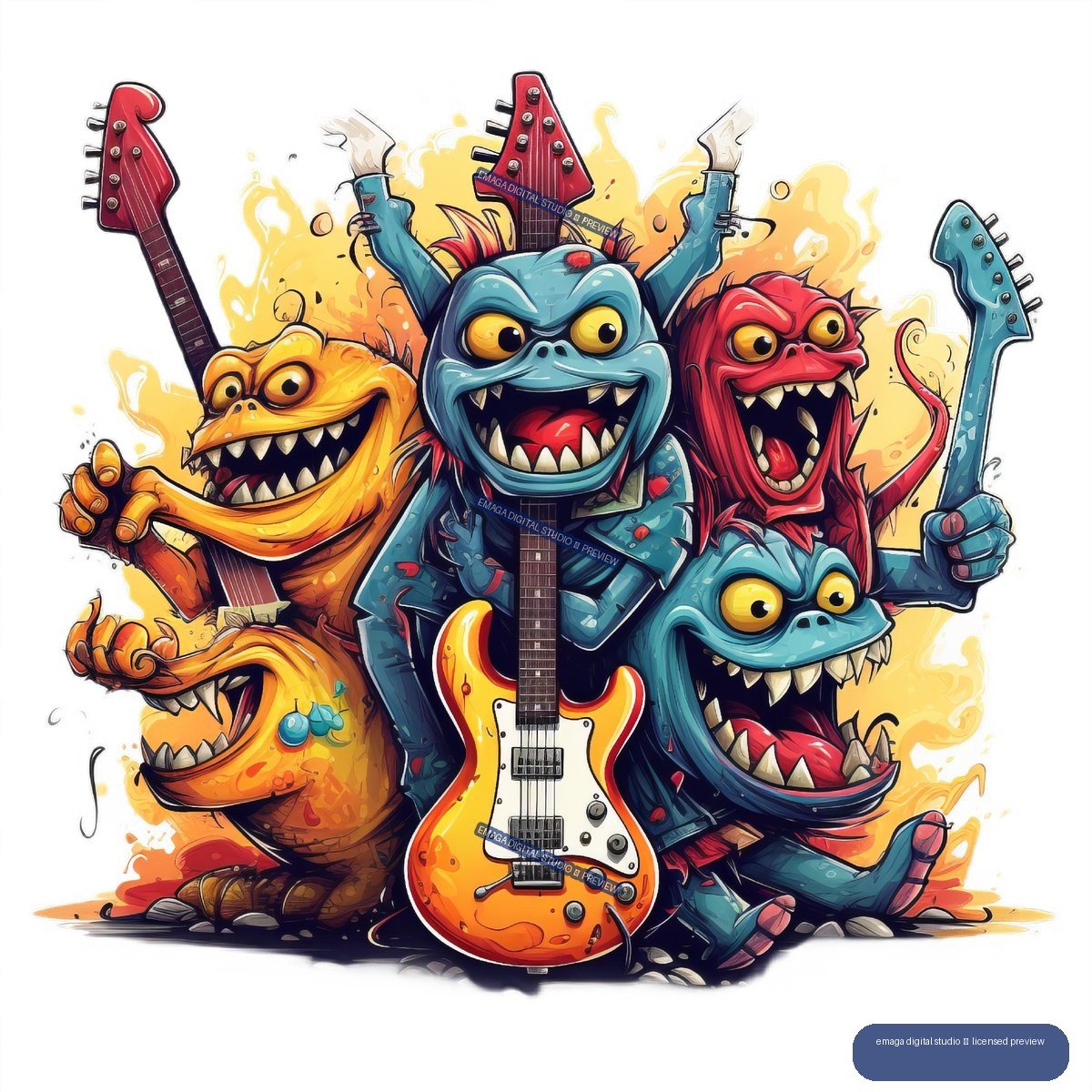 Five colorful cartoon monsters with sharp teeth and horns playing electric guitars in a lively rock band illustration.