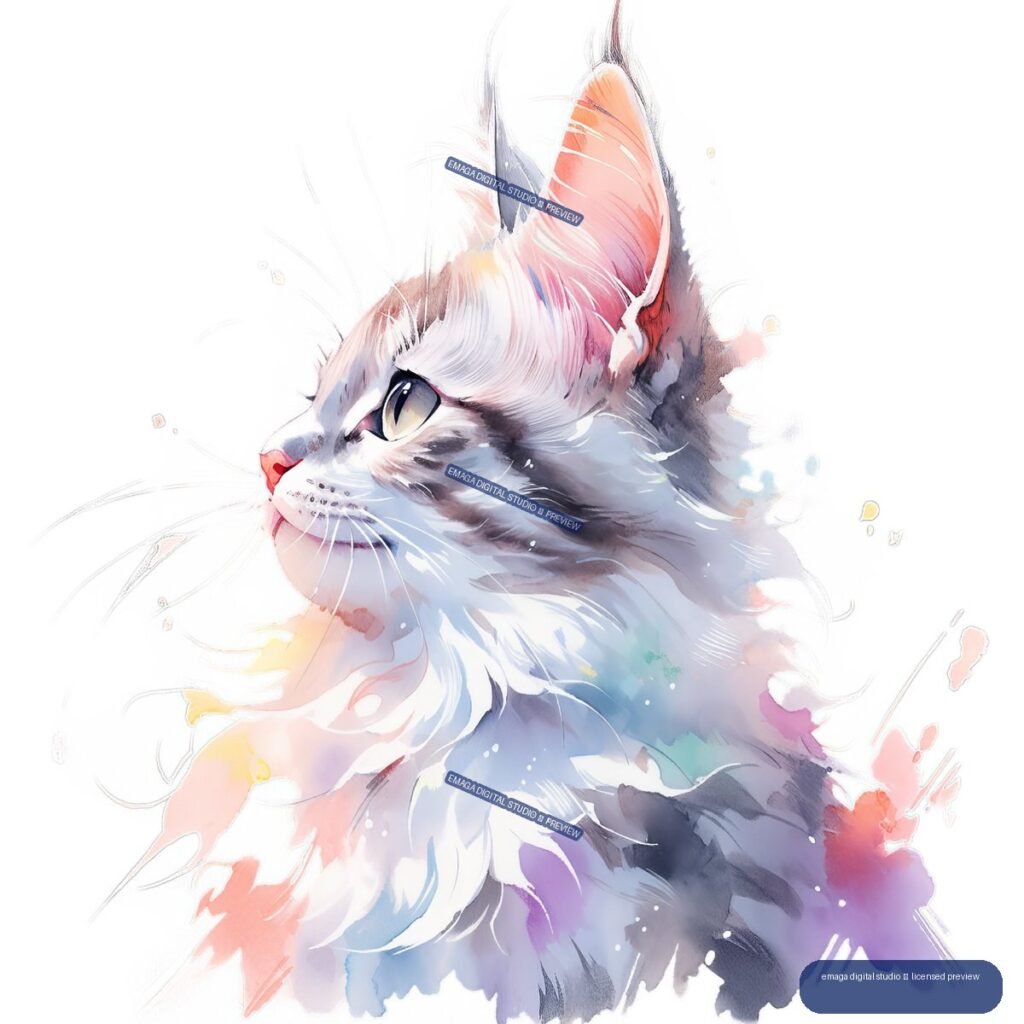 Left-facing long-haired cat portrait painted in vibrant watercolor washes with colorful splashes around the fur.