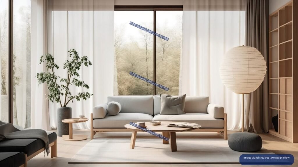 Minimalist Japandi living room with pale sofa, wood tables, tall windows, potted plant, floor lamp, and shelving.