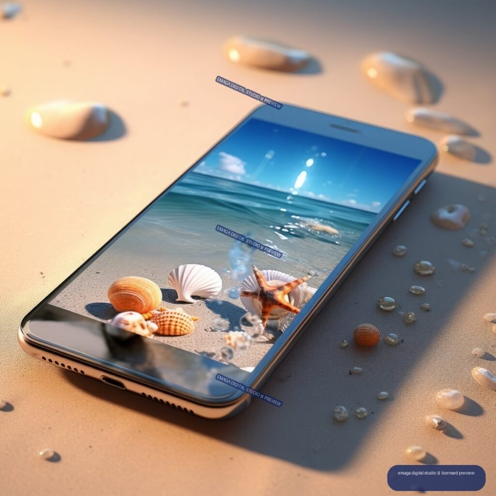 A mobile phone lies diagonally on sunlit sand, displaying ocean water, sky, beach sand, and seashells on its screen; more shells and stones surround it.