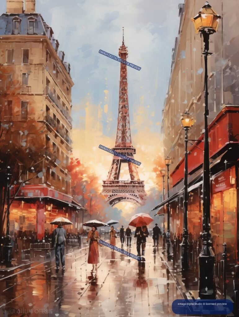 Painterly travel-poster illustration of the Eiffel Tower viewed down a rainy Paris street, with umbrellas, glowing lamps, buildings, and wet reflections.