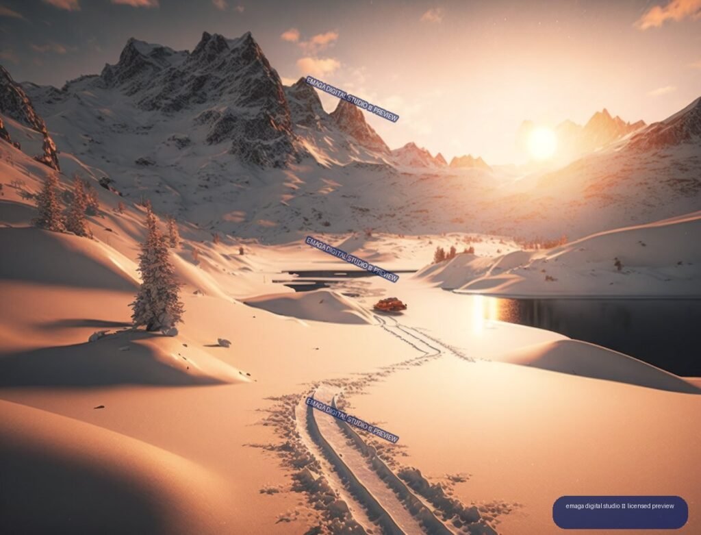 Snowy mountain valley with jagged peaks, evergreen trees, a tracked path, frozen lake, and low winter sun.