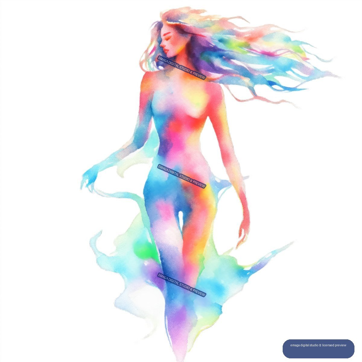 Colorful watercolor-style nude feminine figure with long flowing hair and translucent ribbon-like forms.