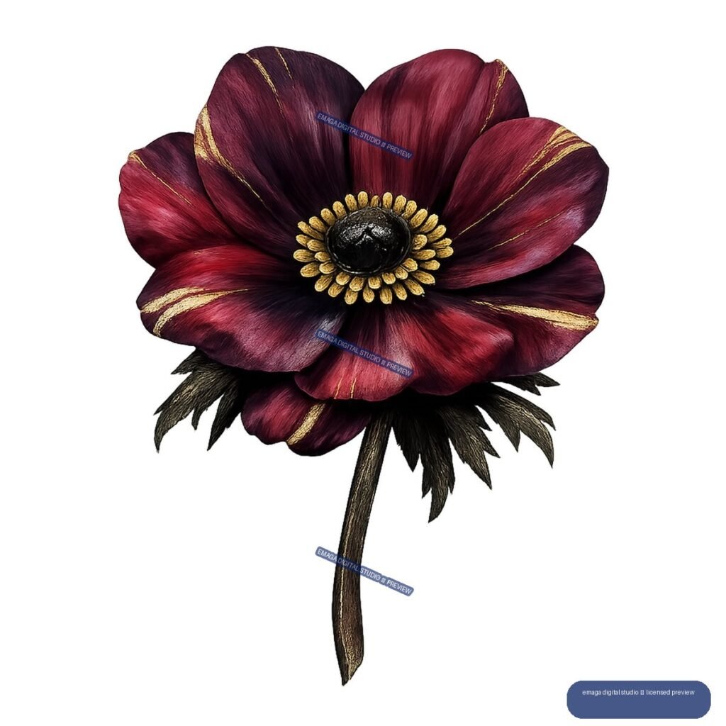 Single dark burgundy flower with gold streaks, a black center, pointed sepals, and a long stem.