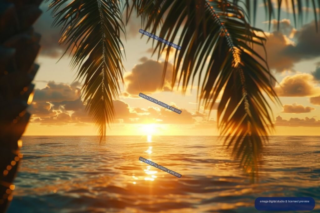 Golden sunrise over rippling tropical ocean, framed by dark palm fronds and silhouetted foliage beneath glowing clouds.