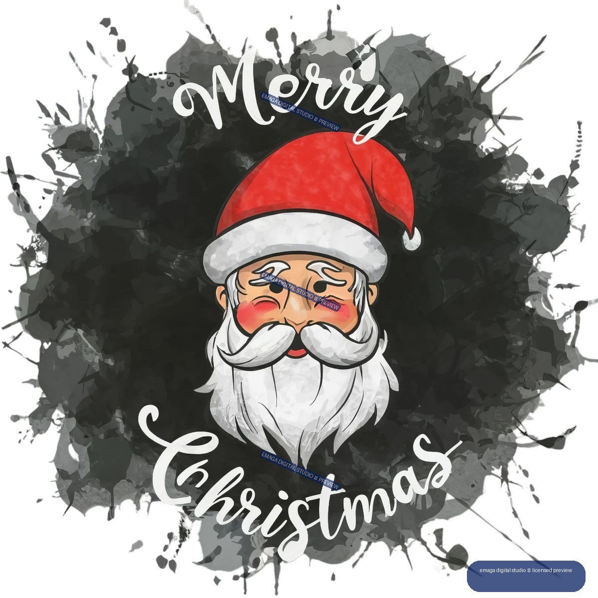 Stylized Santa Claus with a red hat and white beard, surrounded by dark paint splatters and white hand-lettered text reading “Merry Christmas.”