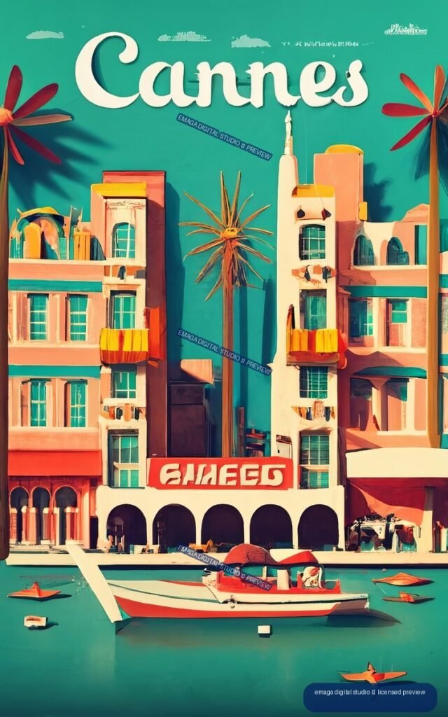 Stylized vintage travel poster labeled Cannes, showing pastel waterfront buildings, palm trees, a motorboat, small boats, and birds over turquoise water.