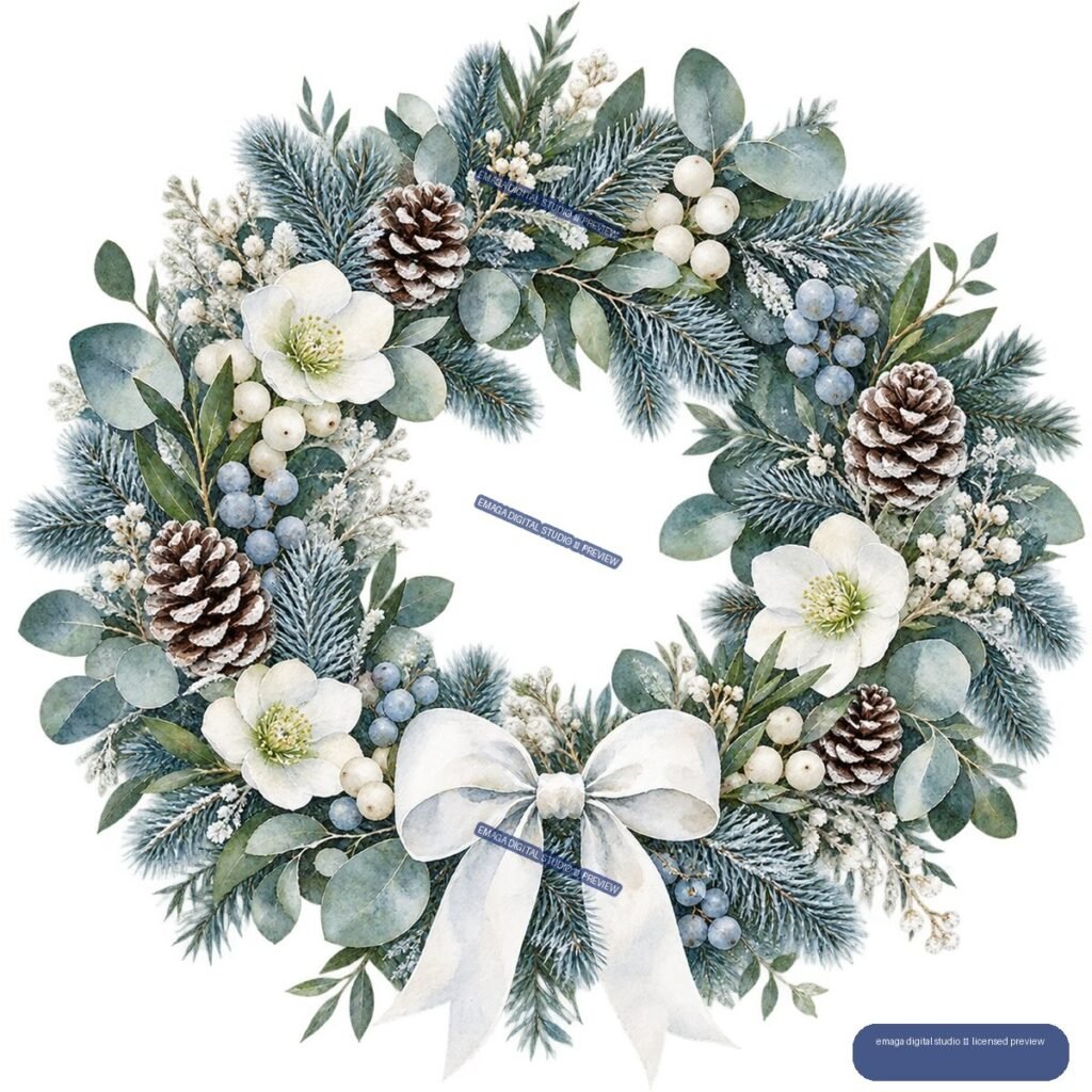 Watercolor winter wreath with evergreen branches, eucalyptus leaves, white flowers, berries, pinecones, and a large white bow.