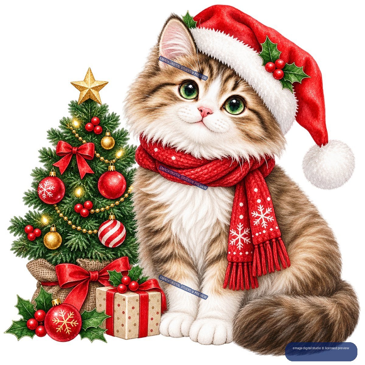 Fluffy brown-and-white cat in a Santa hat and red scarf beside a decorated Christmas tree and wrapped presents.