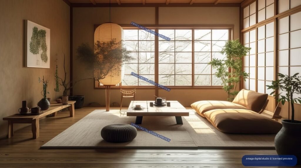 Sunlit Japandi living room with wooden floors, shoji windows, low table, rugs, plants, and a chaise lounge.