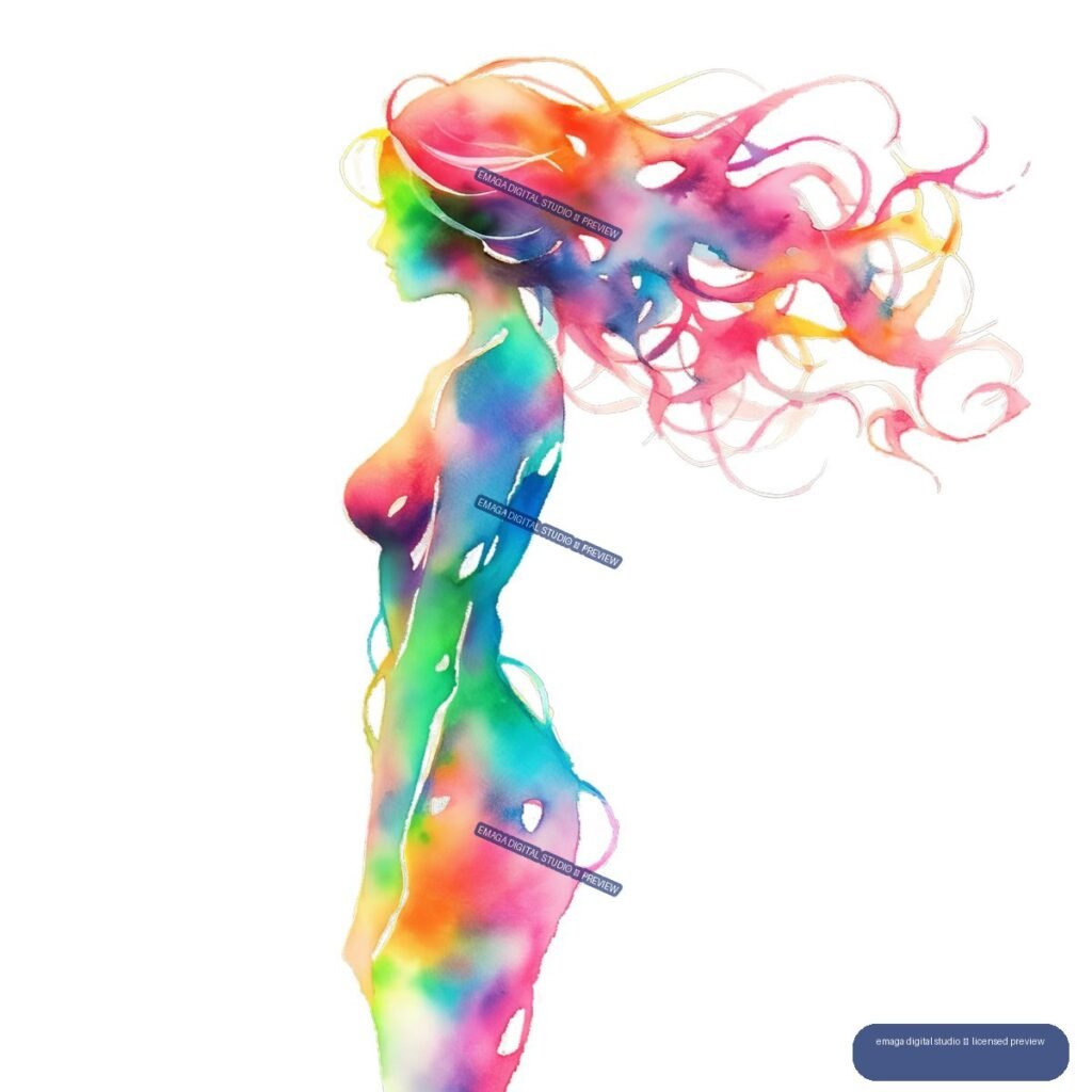 Abstract multicolored watercolor silhouette of a feminine figure in profile with long flowing hair extending to the right.