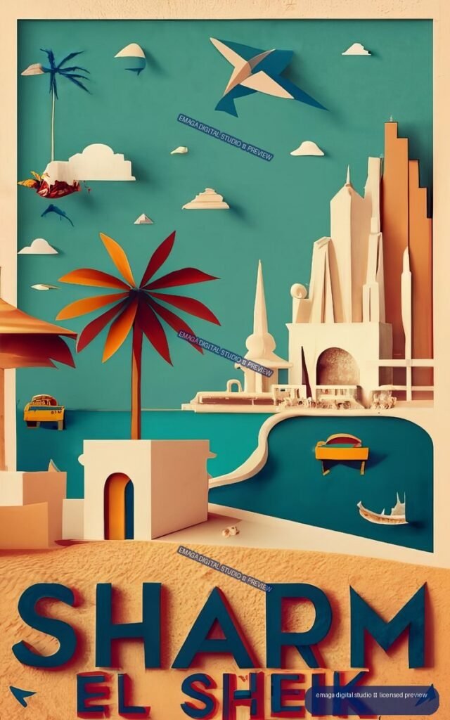 Stylized Sharjah city poster with skyline, palm trees, boats, birds, and large lettering at the bottom.