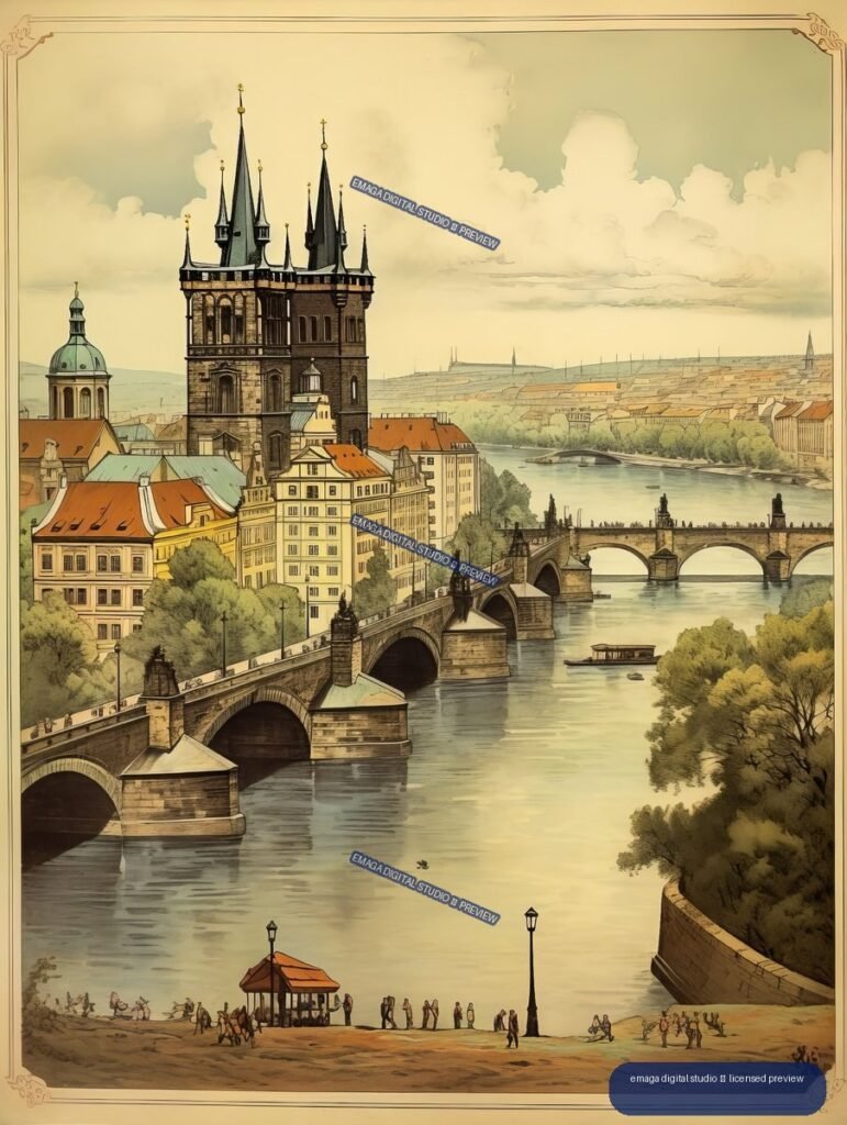 Vintage-style illustrated panorama of Prague with historic stone bridges crossing a river, a Gothic tower, domed church, hillside buildings, trees, and a riverside pavilion.
