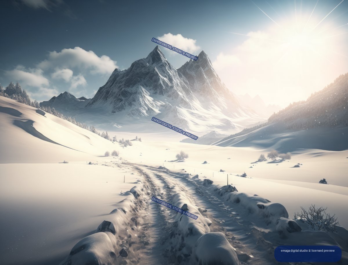 Snowy mountain valley with jagged peaks, bright sunlight, and a tracked path through the foreground.