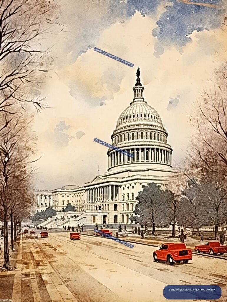 Vintage-style illustration of the U.S. Capitol dome above a tree-lined Washington, D.C. street with red cars and pedestrians.