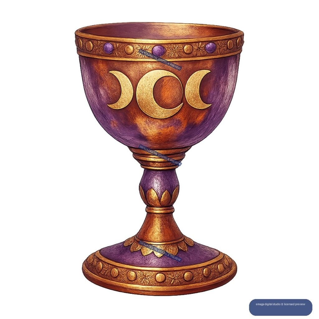 Ornate purple and gold chalice with three golden moon phases, shown upright and isolated.