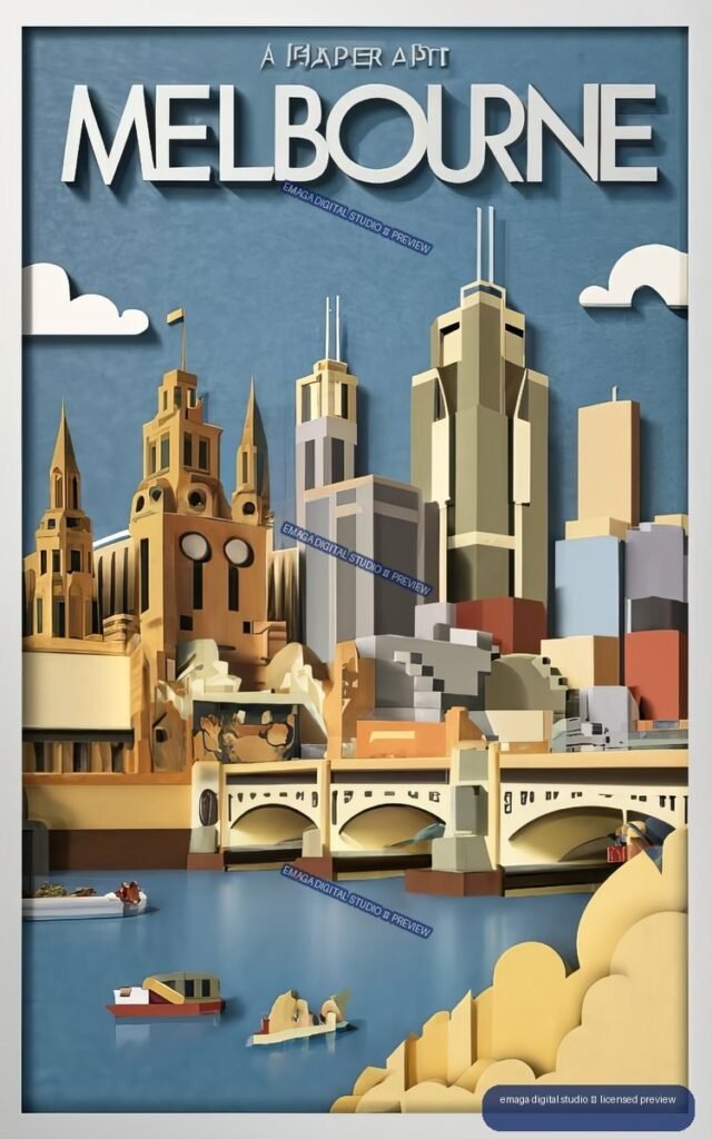 Layered paper-art illustration of Melbourne’s skyline, bridge, river, boats, clouds, and architectural landmarks, labeled MELBOURNE.