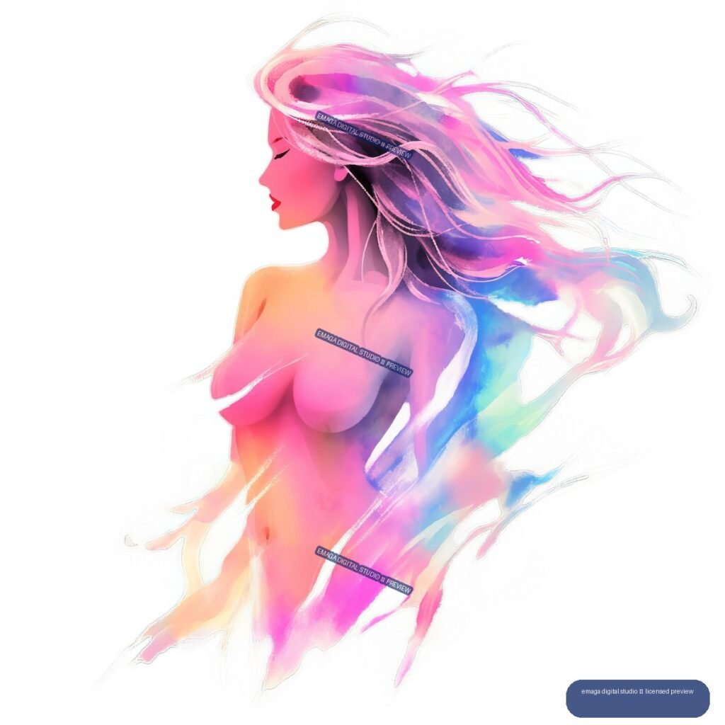 Abstract watercolor-style nude feminine figure in left-facing profile with flowing multicolored hair against transparency.