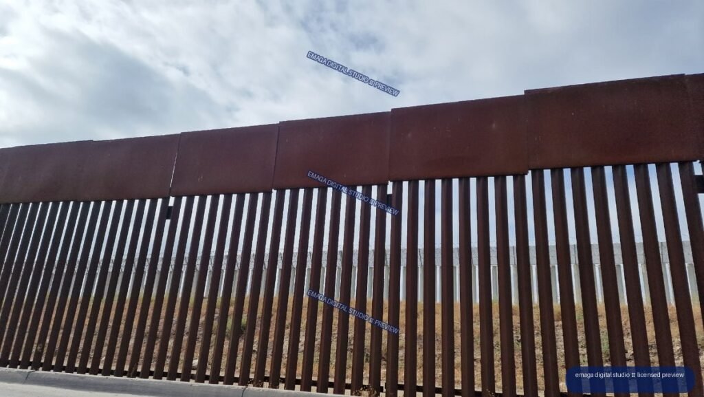 Tall steel border barrier beneath a cloudy sky — Tijuana, Mexico