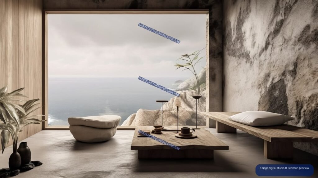 Minimalist Japandi living room with low wooden furniture, ceramics, plants, and a large ocean-facing window beside a rugged rock wall.