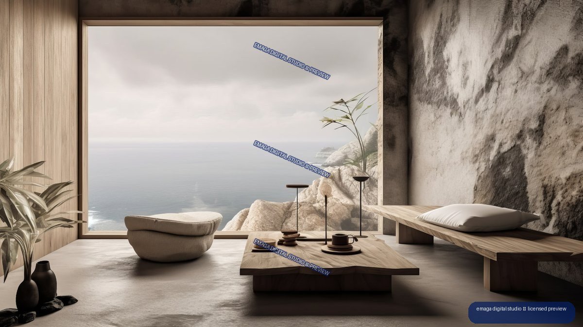 Minimalist Japandi living room with low wooden furniture, ceramics, plants, and a large ocean-facing window beside a rugged rock wall.
