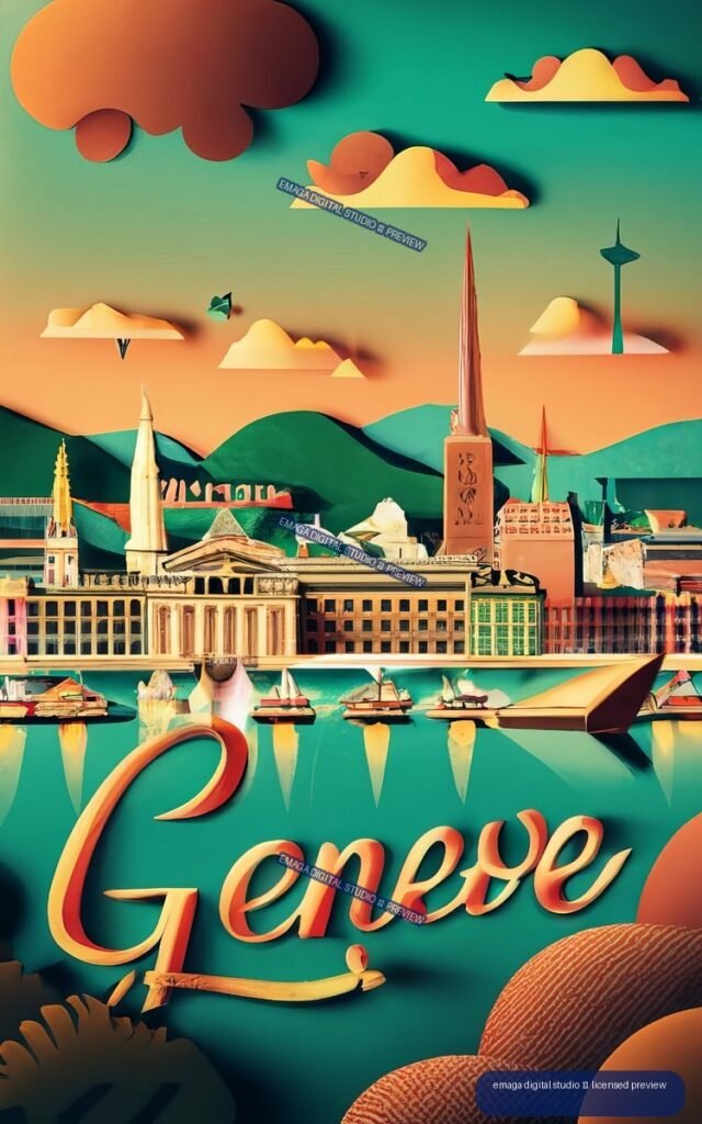 Stylized colorful Geneva poster showing a waterfront skyline, mountains, boats, reflections, clouds, and large cursive Geneve lettering.