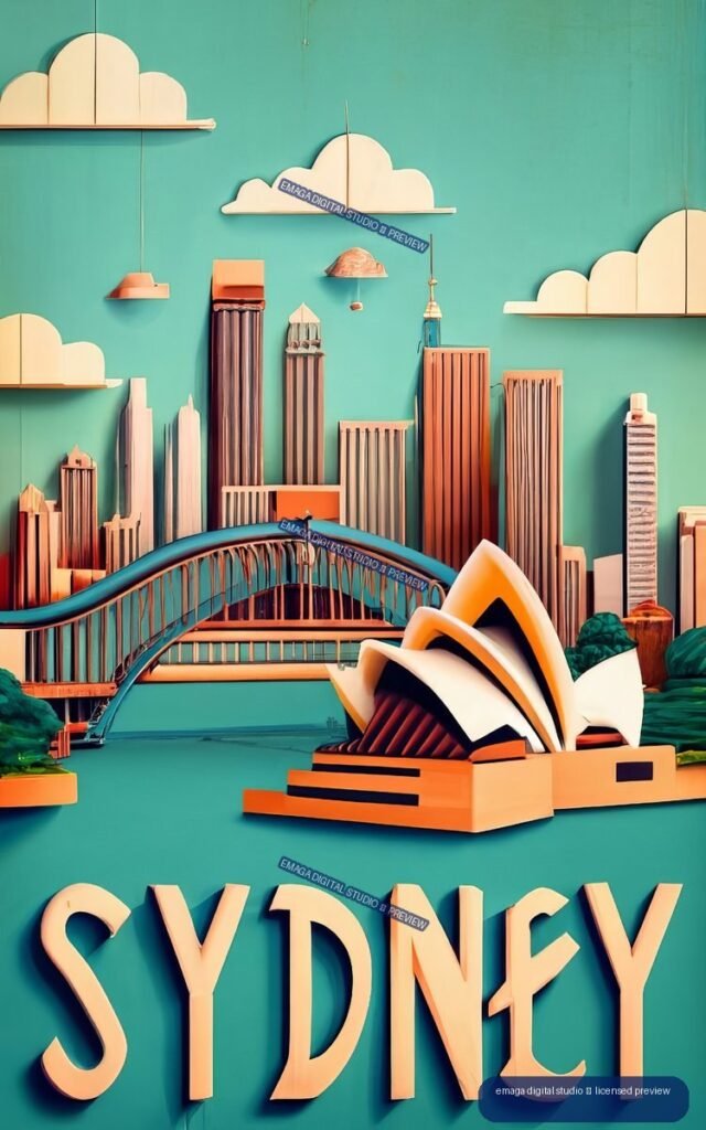Colorful stylized Sydney poster showing the Opera House, a curved bridge, skyscrapers, clouds, and large SYDNEY lettering.