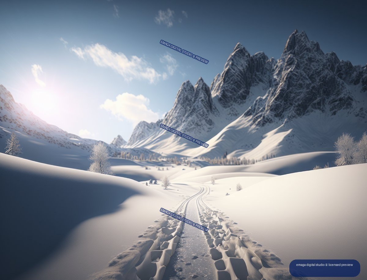 Sunlit snowy valley with a tracked path leading toward jagged alpine peaks and frost-covered trees.