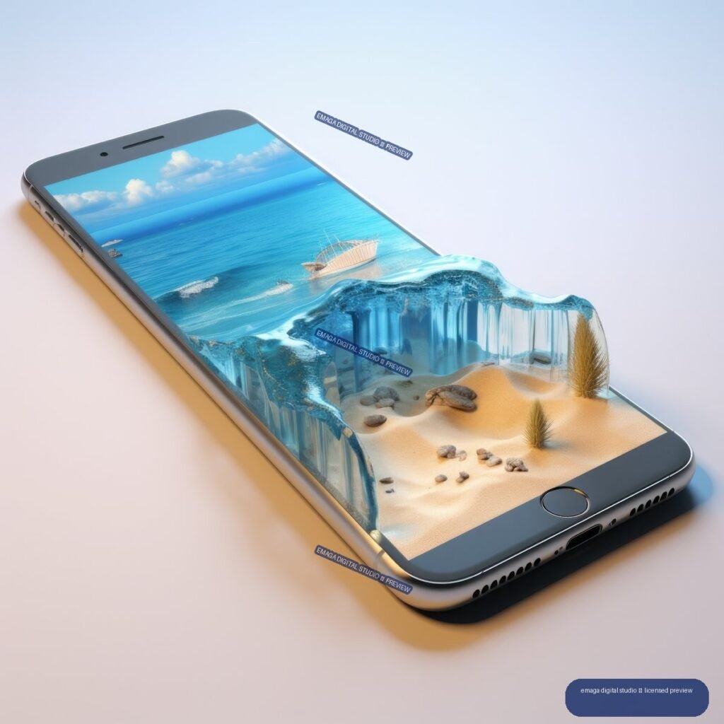 Angled smartphone with a tropical beach, ocean, boat, sand, rocks, and flowing water emerging from its display.