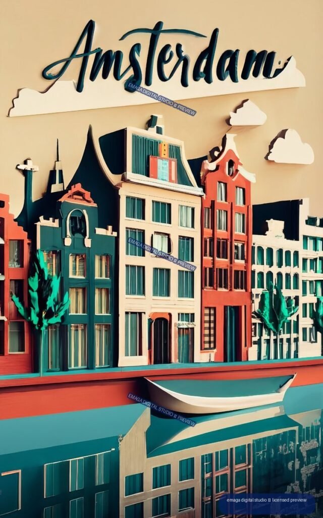 Stylized poster of colorful Amsterdam canal houses, a boat, reflections, clouds, and the word Amsterdam.