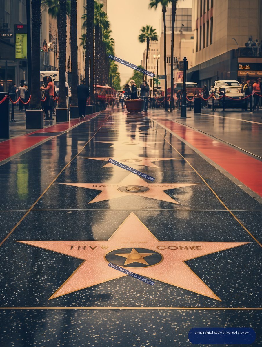 Rain-wet Hollywood Walk of Fame sidewalk with terrazzo stars, palm trees, buildings, cars, pedestrians, and velvet ropes.