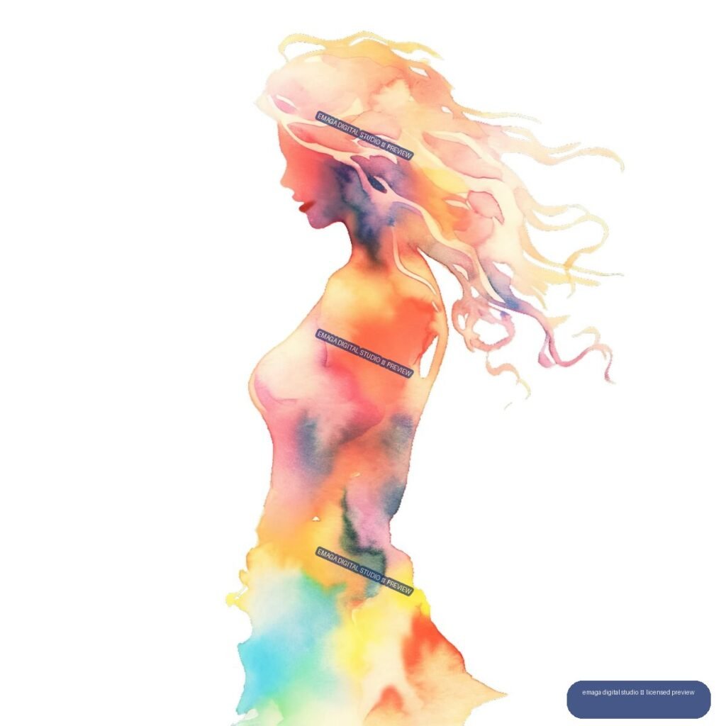 Colorful watercolor profile of a woman with flowing hair on a white background.