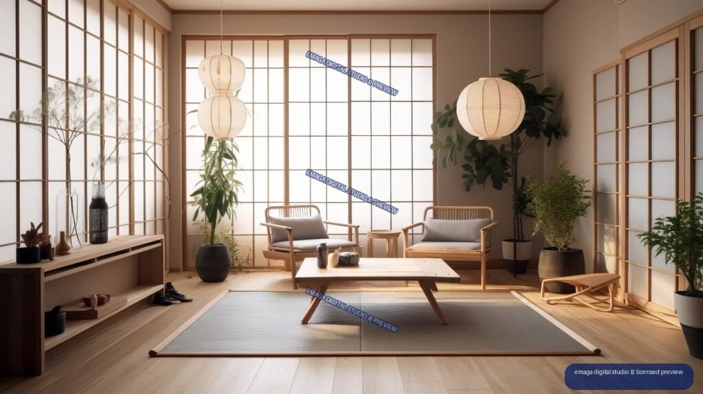Minimalist Japandi living room with shoji screens, wooden furniture, paper pendant lights, plants, and a floor mat.