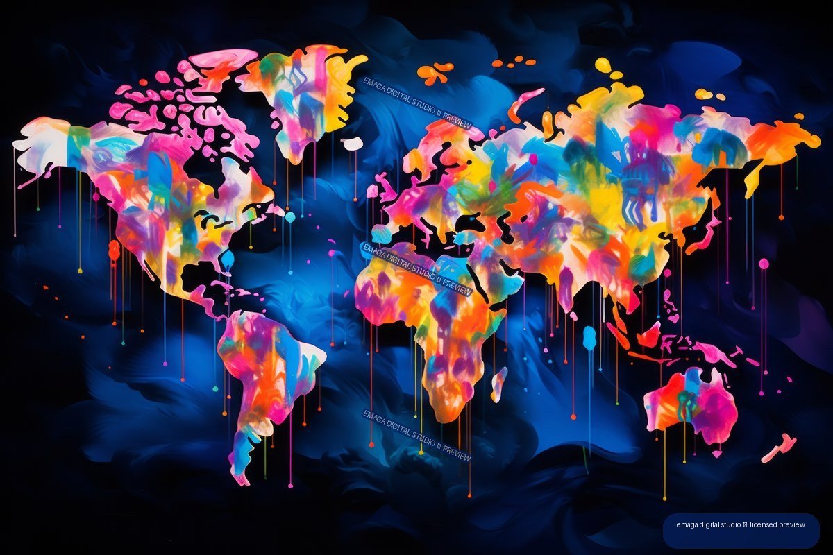 Abstract neon graffiti-style world map in bright multicolored paint on a dark blue and black ground.