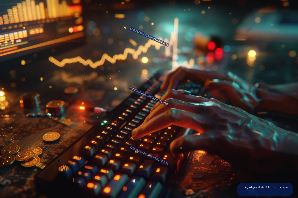Close-up of hands typing on a glowing keyboard with blurred financial charts and coins in a dark teal and orange-lit workspace.