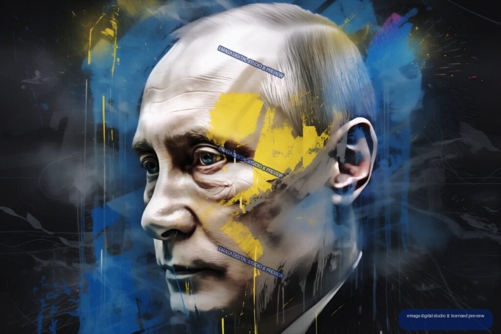 Stylized close-up portrait resembling Vladimir Putin with yellow and blue paint strokes, dark abstract textures, and conflict-inspired marks.