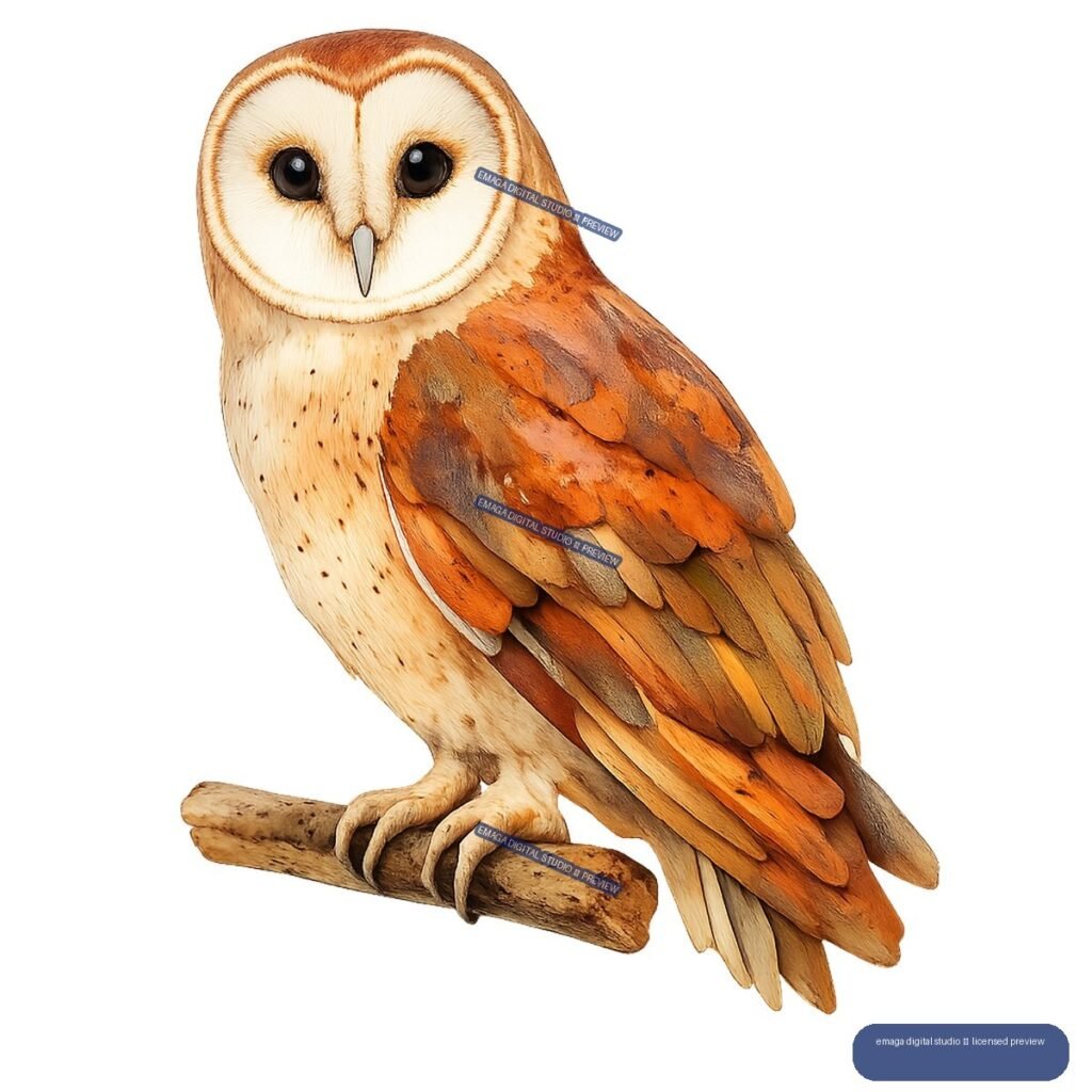 Illustration of a barn owl with orange-brown wings perched on a wooden branch, isolated on transparency.