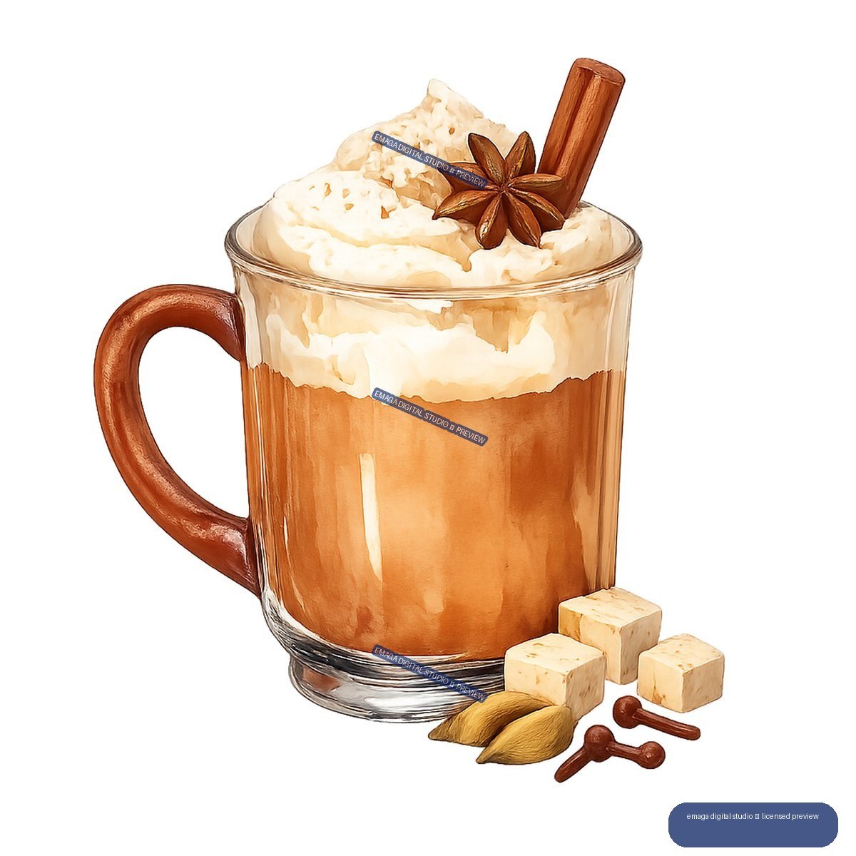 Illustration of a glass mug filled with a whipped-cream-topped spiced latte, garnished with cinnamon and star anise, with sugar cubes and spices beside it.