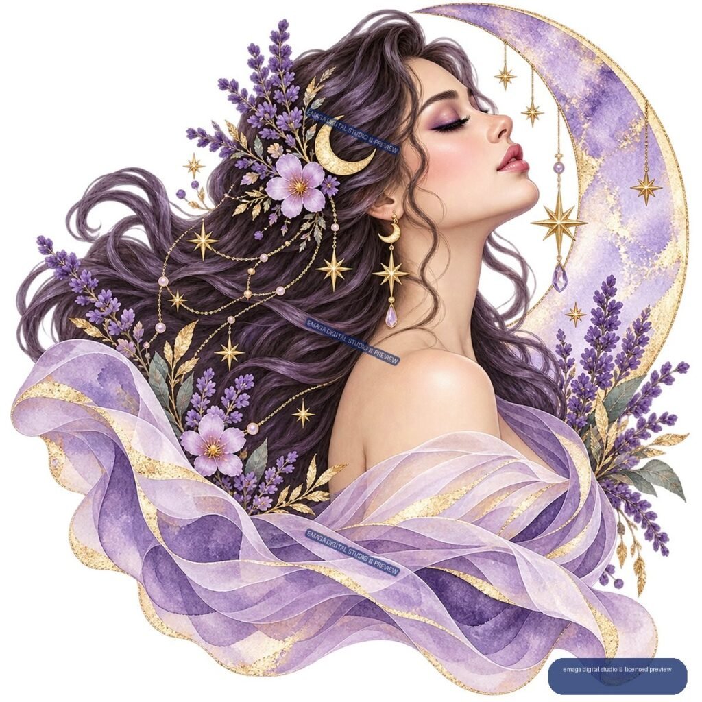 Profile portrait of a woman with flowing purple hair, lavender flowers, crescent moon ornaments, stars, and sweeping translucent lavender fabric.