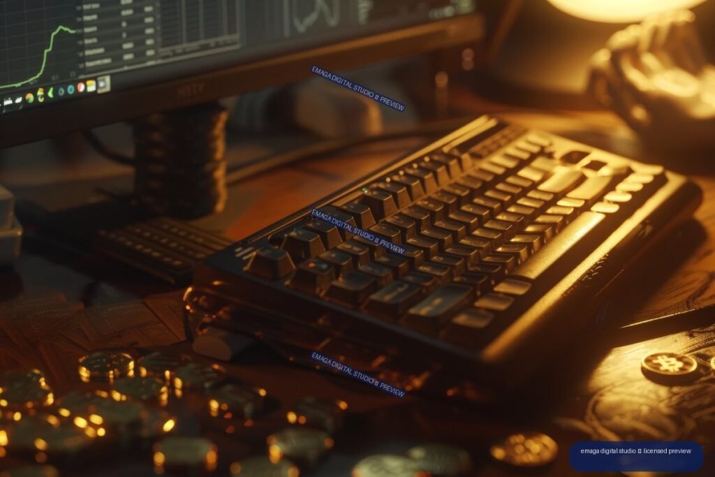 Warmly lit computer keyboard with financial charts on a monitor and scattered coins, including a cryptocurrency symbol.